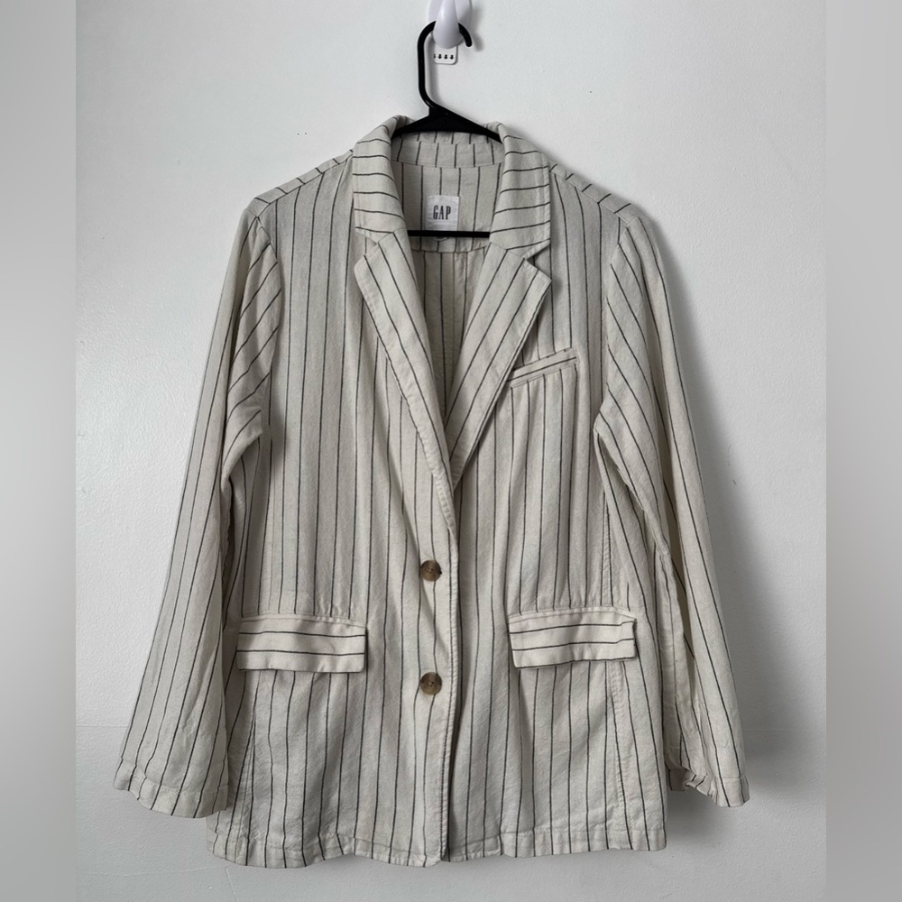 GAP Linen Blend Pinstripe Blazer L Cream Black Striped Lightweight Jacket